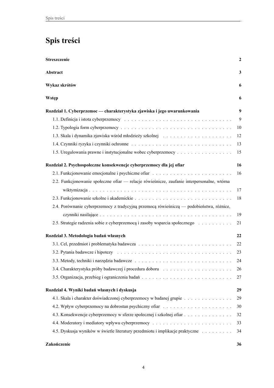 Spis treści — pełna hierarchia rozdziałów — Wpływ cyberprzemocy na funkcjonowanie psychospołeczne ofiar — badania wśród uczniów szkół ponadpodstawowych