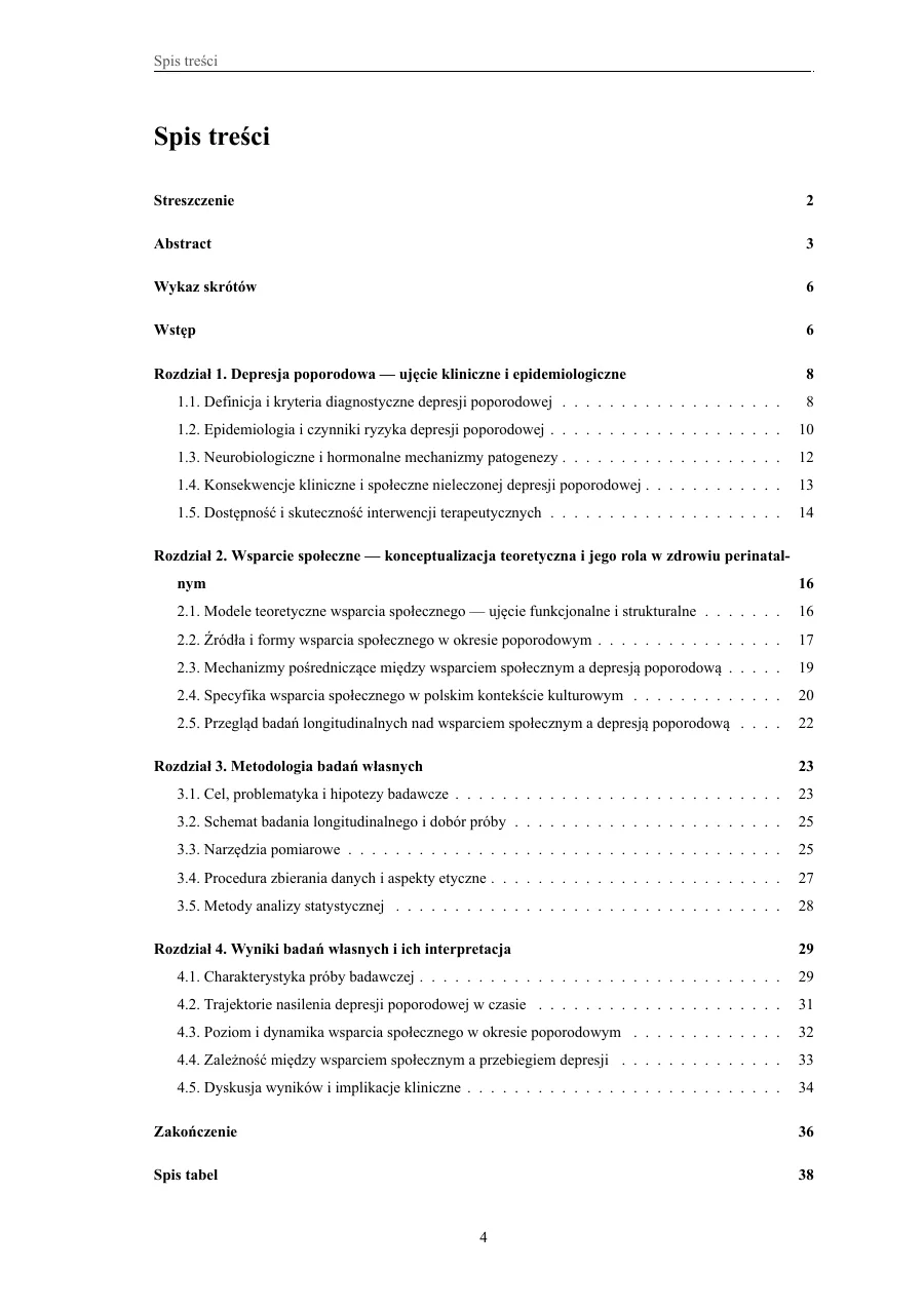 Spis treści — pełna hierarchia rozdziałów — Wpływ wsparcia społecznego na przebieg depresji poporodowej — badania longitudinalne