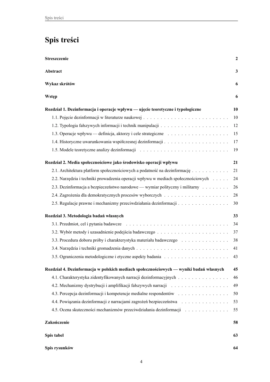 Spis treści — pełna hierarchia rozdziałów — Dezinformacja i operacje wpływu w mediach społecznościowych jako zagrożenie dla bezpieczeństwa