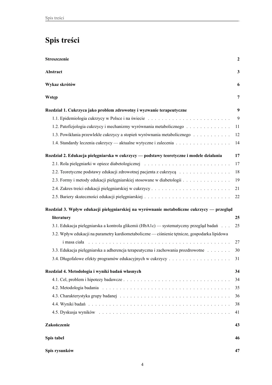 Spis treści — pełna hierarchia rozdziałów — Wpływ edukacji pielęgniarskiej na wyrównanie metaboliczne cukrzycy