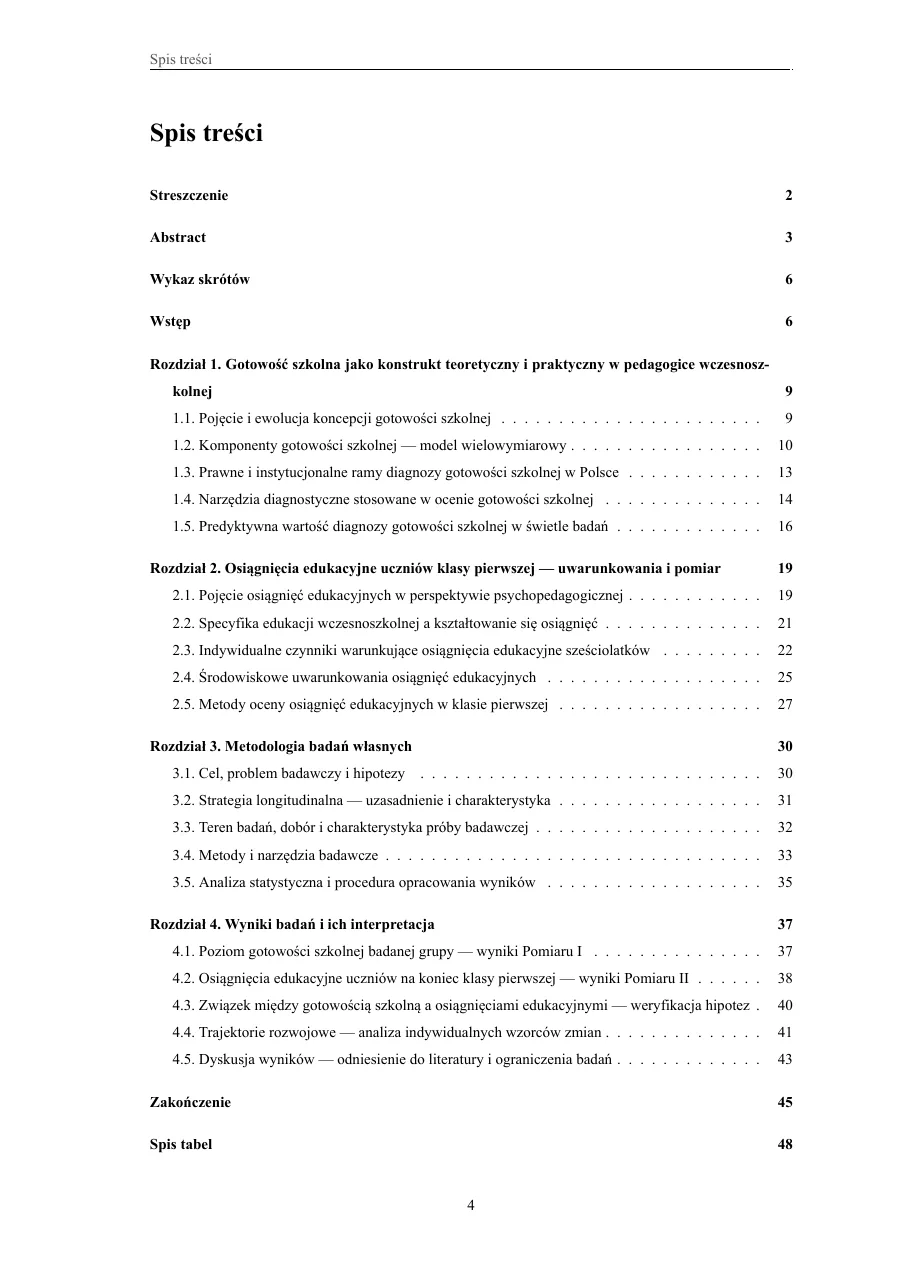 Spis treści — pełna hierarchia rozdziałów — Diagnoza gotowości szkolnej dzieci 6-letnich a ich osiągnięcia edukacyjne w klasie I
