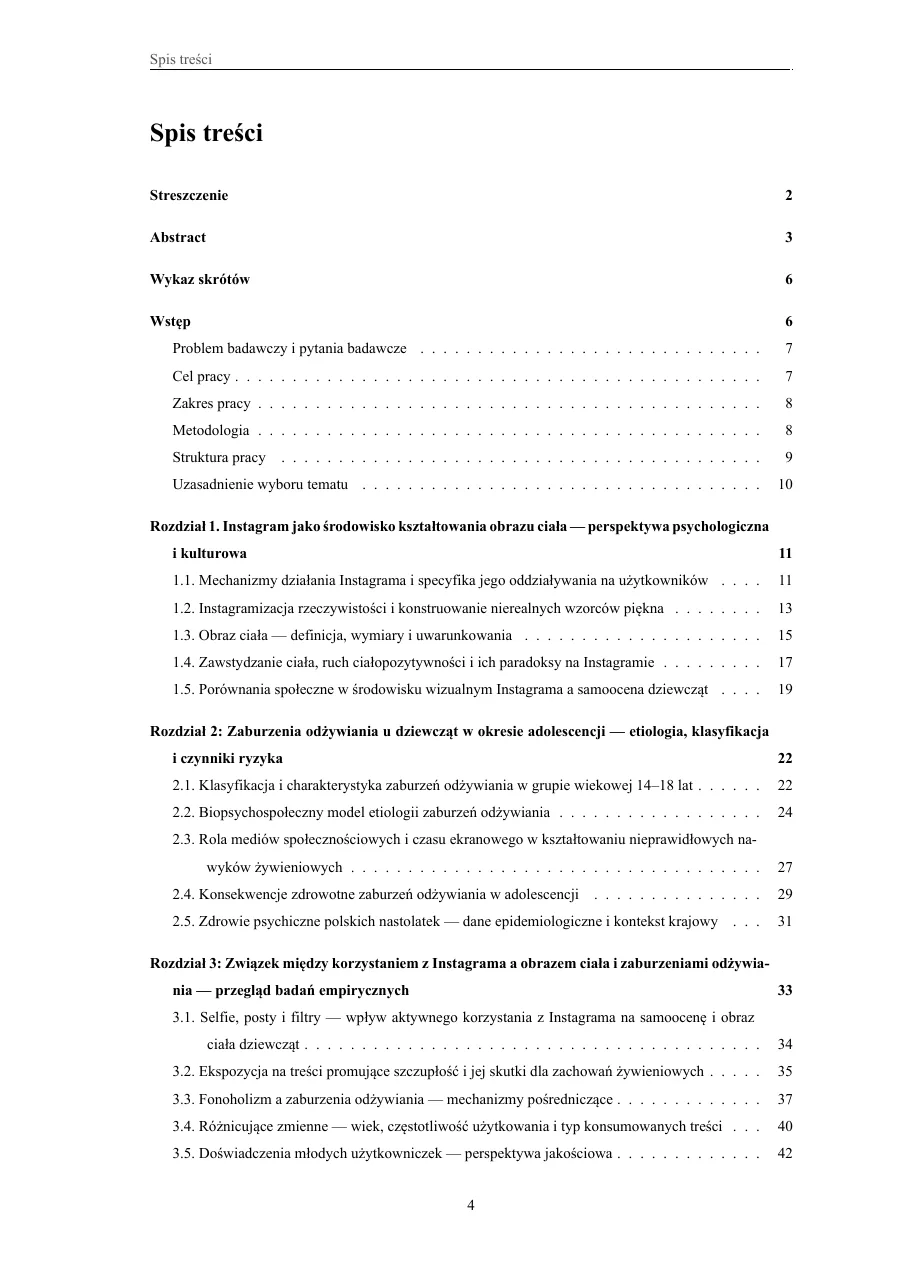 Spis treści wzorcowej pracy magisterskiej z psychologii