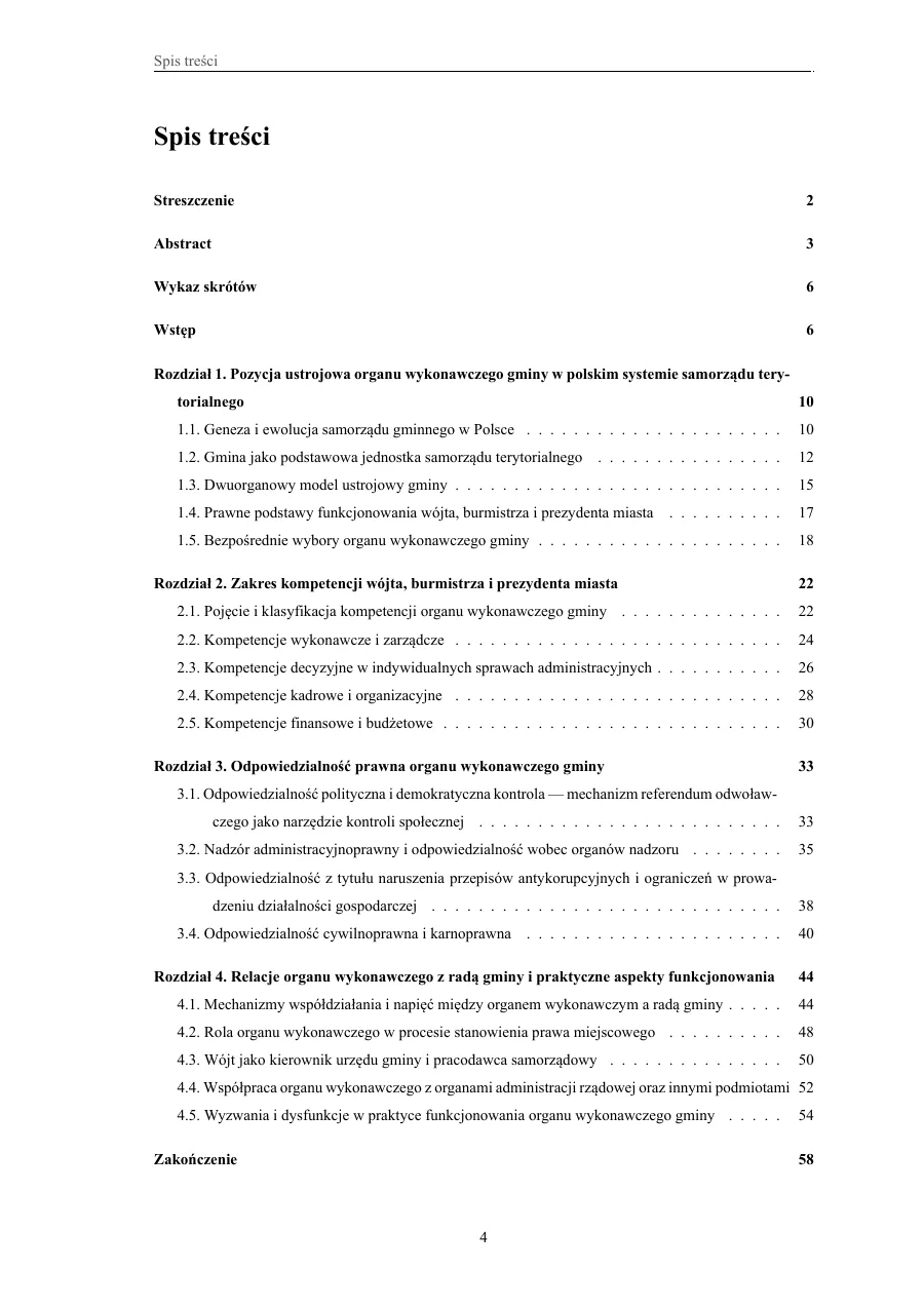 Spis treści — pełna hierarchia rozdziałów — Kompetencje wójta, burmistrza i prezydenta miasta jako organu wykonawczego gminy