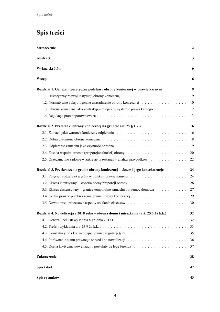 Spis treści — pełna hierarchia rozdziałów — Instytucja obrony koniecznej w polskim prawie karnym — przesłanki i granice po nowelizacji 2018 roku