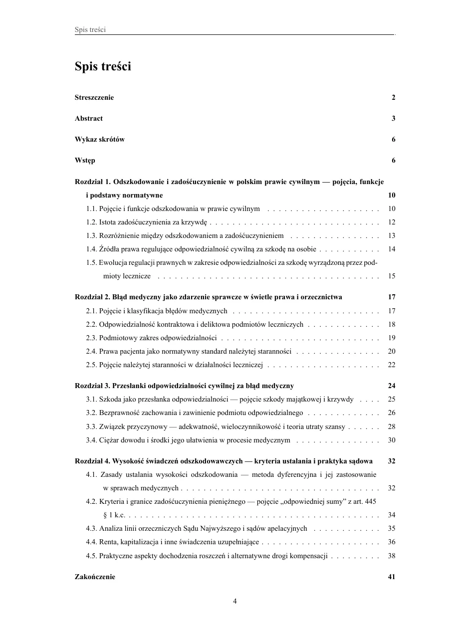 Spis treści — pełna hierarchia rozdziałów — Odszkodowanie i zadośćuczynienie za błąd medyczny — analiza przesłanek odpowiedzialności i kryteriów ustalania wysokości świadczeń