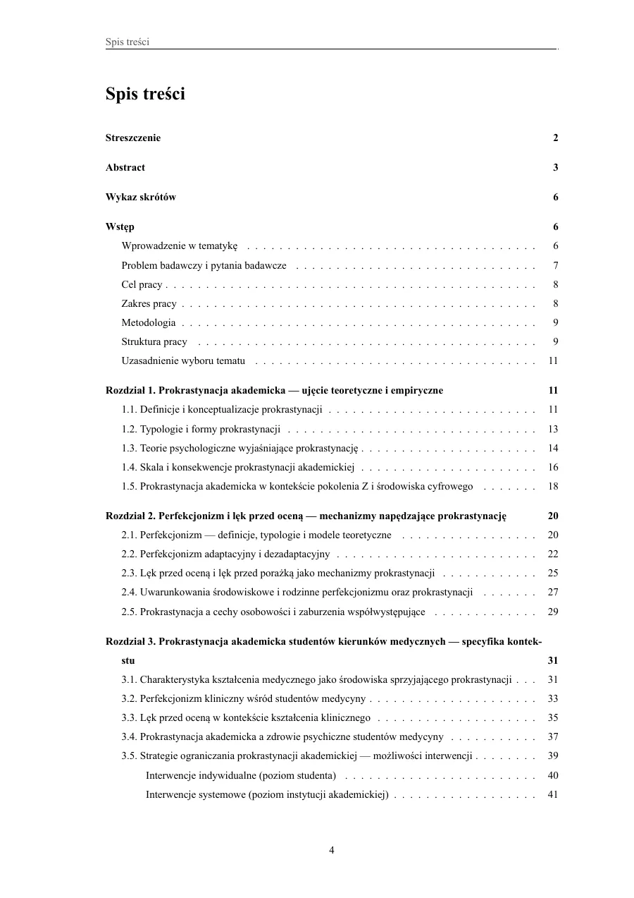 Spis treści pracy magisterskiej z numeracją stron i podrozdziałami