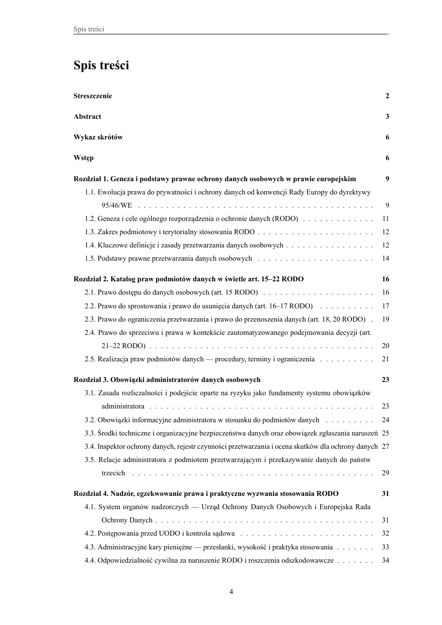 Spis treści — pełna hierarchia rozdziałów — Prawo do ochrony danych osobowych w RODO — prawa podmiotów danych i obowiązki administratorów