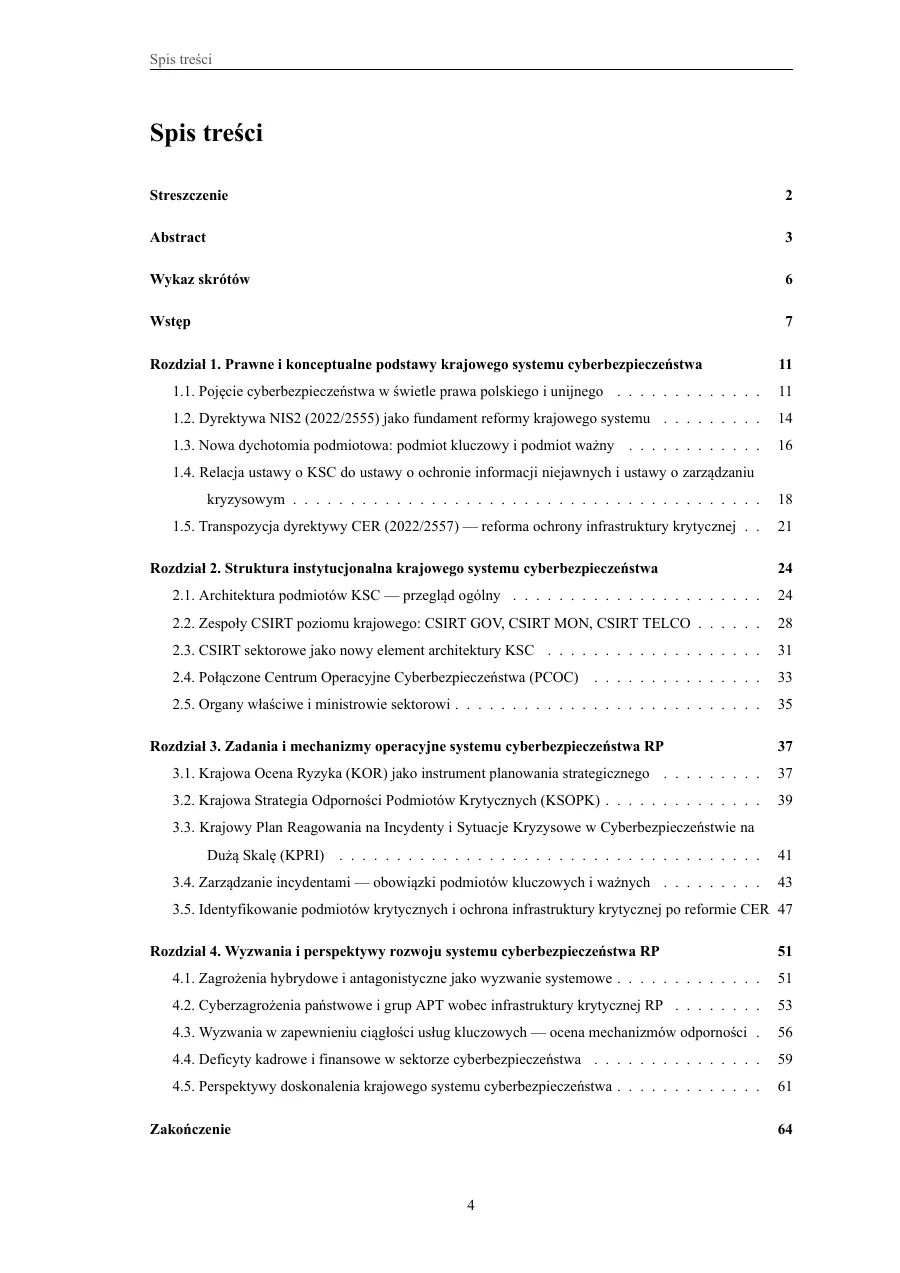 Spis treści — pełna hierarchia rozdziałów — System cyberbezpieczeństwa RP – organizacja, zadania i wyzwania