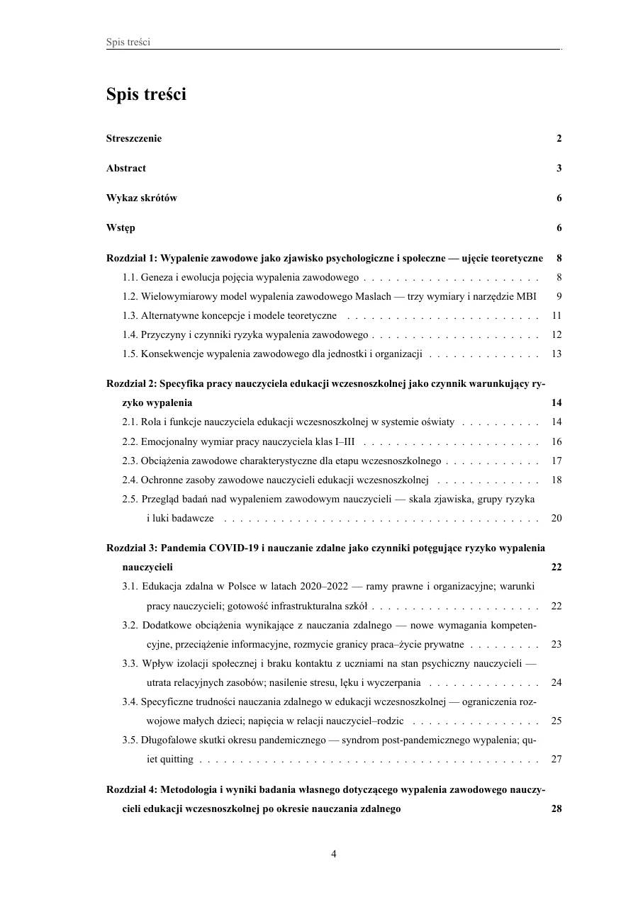 Spis treści — pełna hierarchia rozdziałów — Wypalenie zawodowe nauczycieli edukacji wczesnoszkolnej po okresie nauczania zdalnego