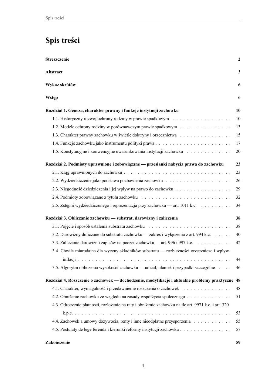 Spis treści — pełna hierarchia rozdziałów — Instytucja zachowku w polskim prawie spadkowym — funkcje, przesłanki i sposób obliczania